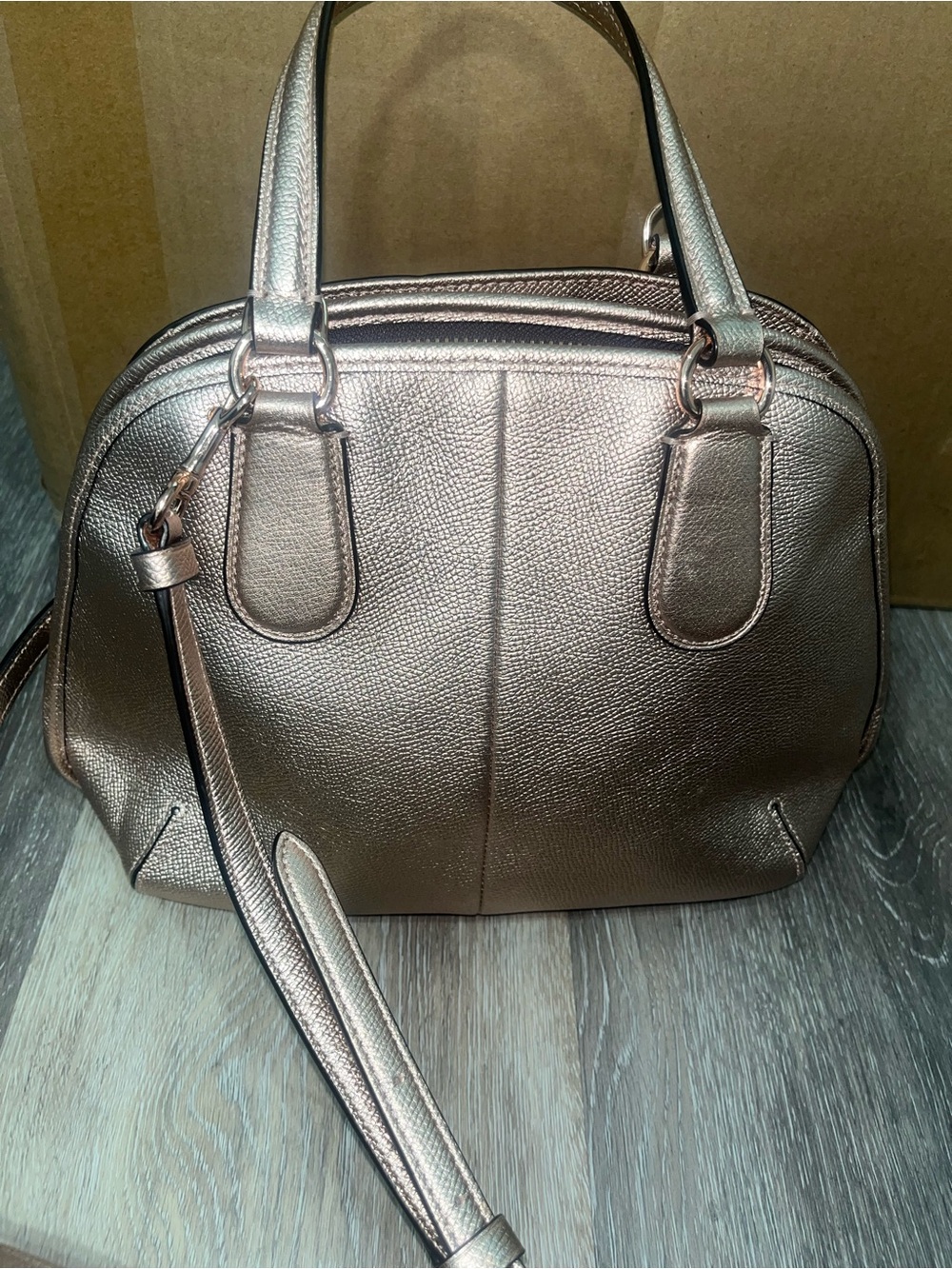 Coach Prince Street Mini Satchel in rose gold metallic leather. Turn lock. - Picture 16 of 17